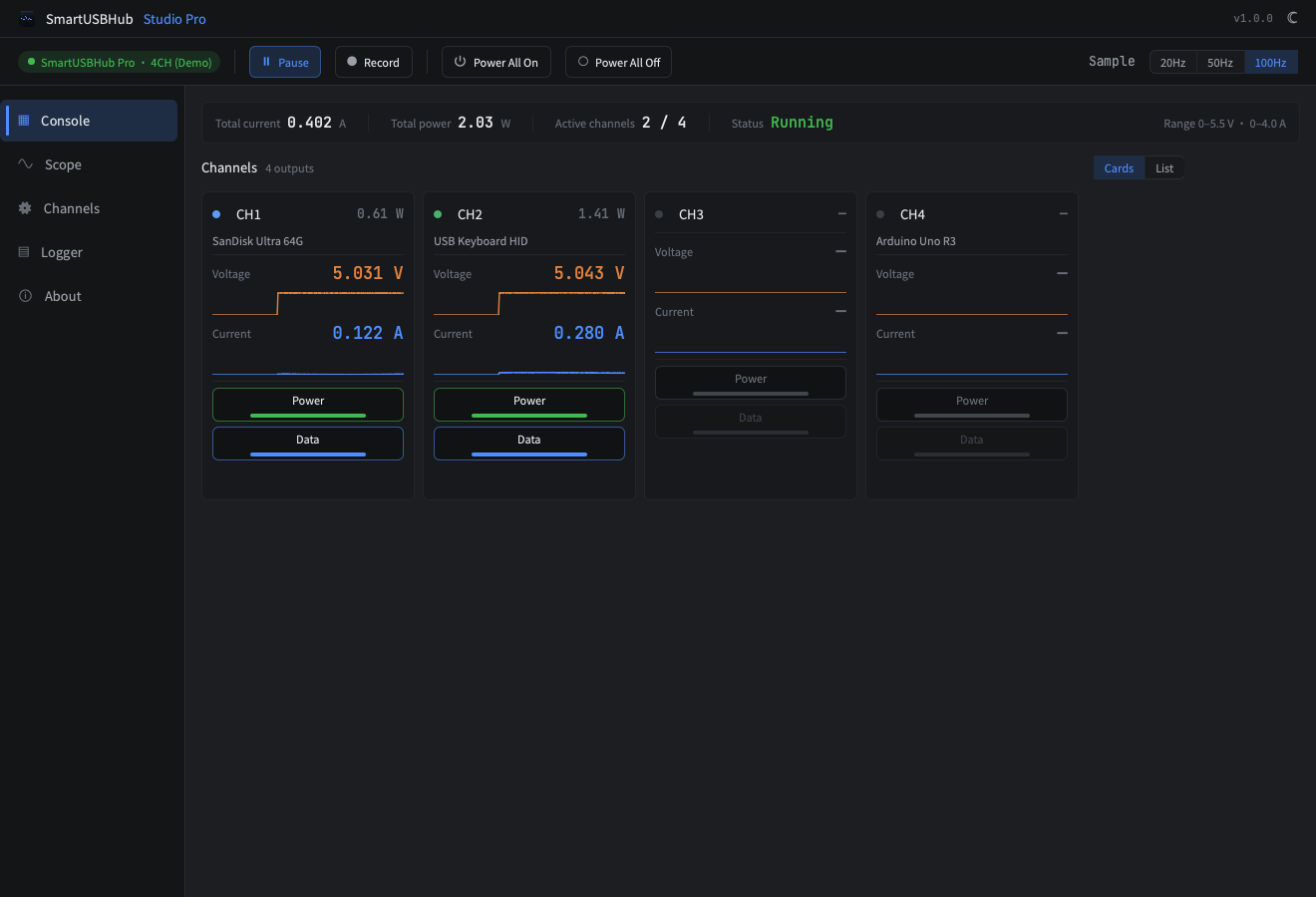 SmartUSBHub Studio Pro console