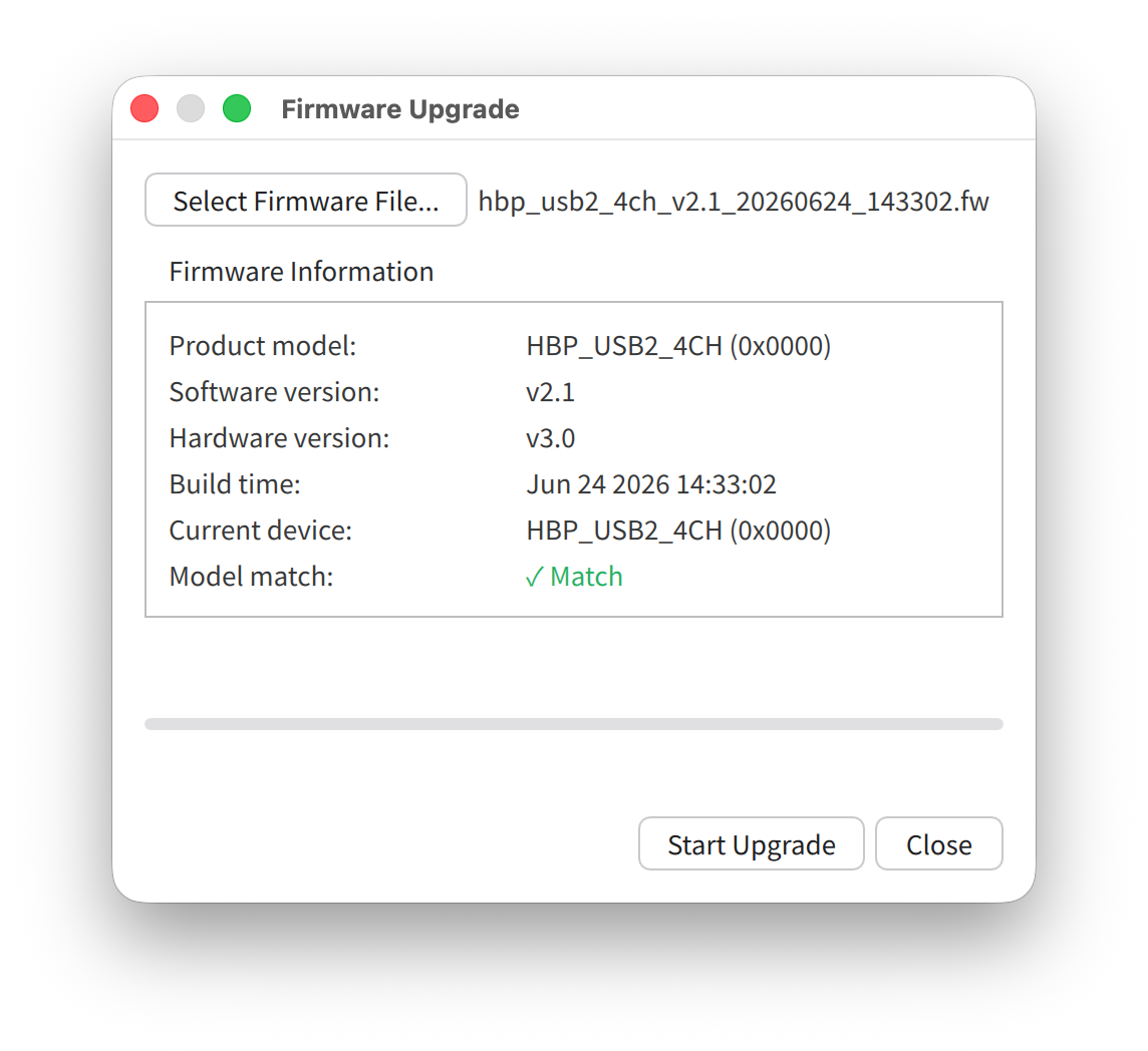 Local firmware upgrade dialog showing firmware metadata and a successful model-match check